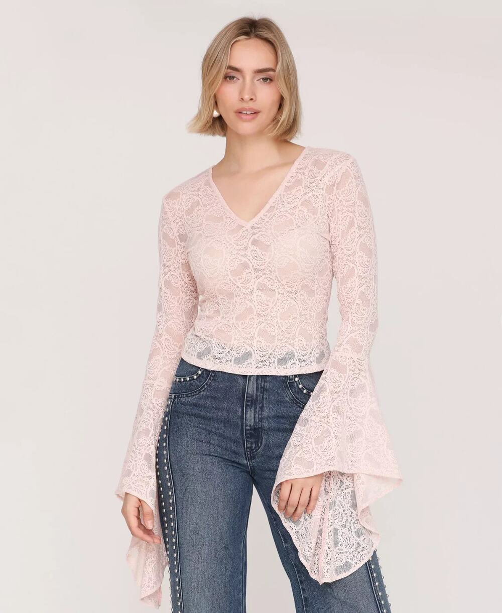 Avec Les Filles Women's V-Neck Long Sleeve Top Pink Size L 3822